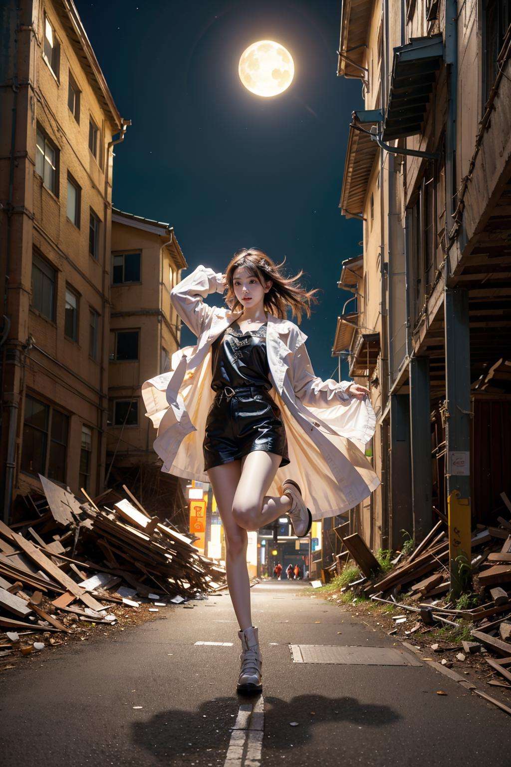 best,masterpiece,HDR,huancai,a girl,combats,jump to observer,night,building_ruins,