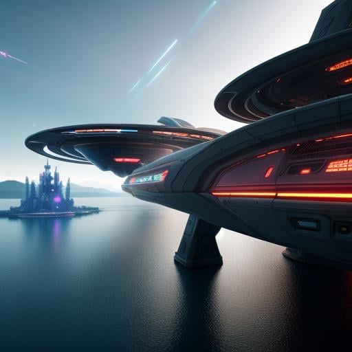 fantasy art, cyberpunk starship landing over a lake, photorealistic, full resolution, insane detailed,  professional photo