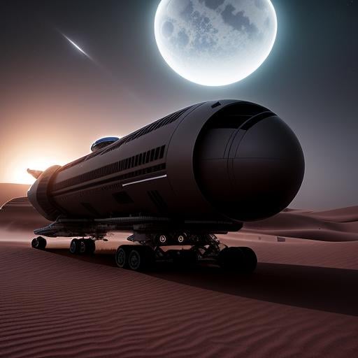 fantasy art, spaceship landed, two big engines, insane detailed, desert, night,  intrincated, fog, dunes, photo realistic