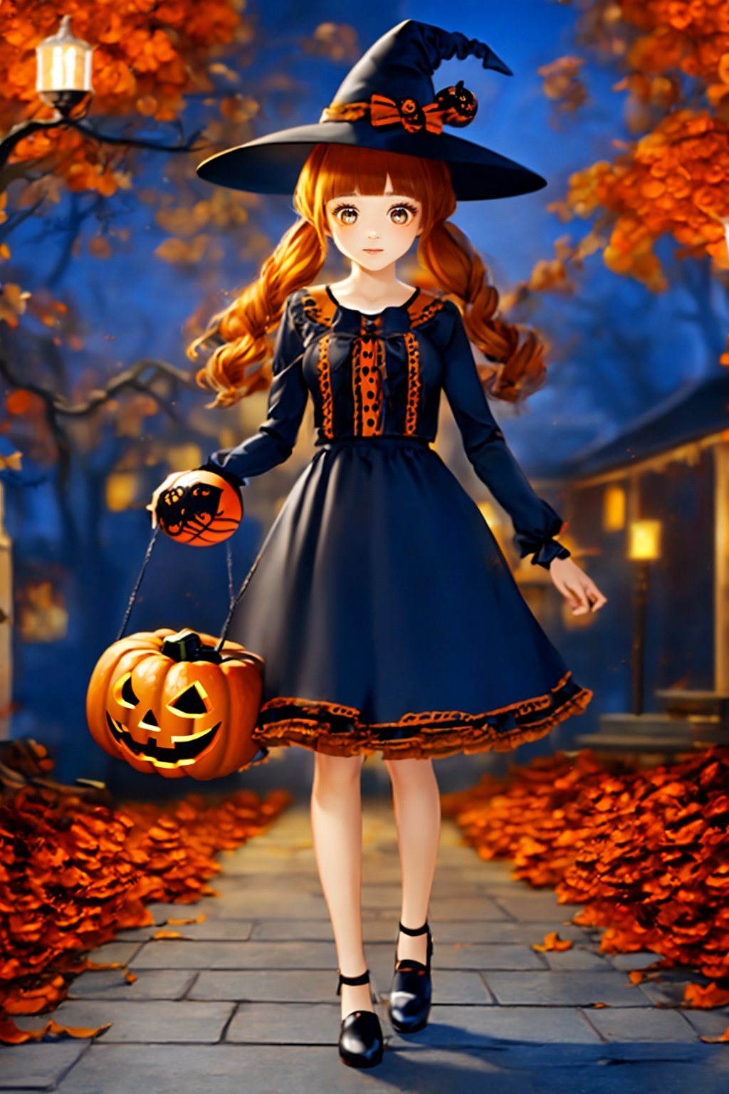  Best quality, 8k, cg,1girl,Halloween Dressing,jack-o'-lantern,basketball,candle,black_footwear,black_headwear,autumn_leaves