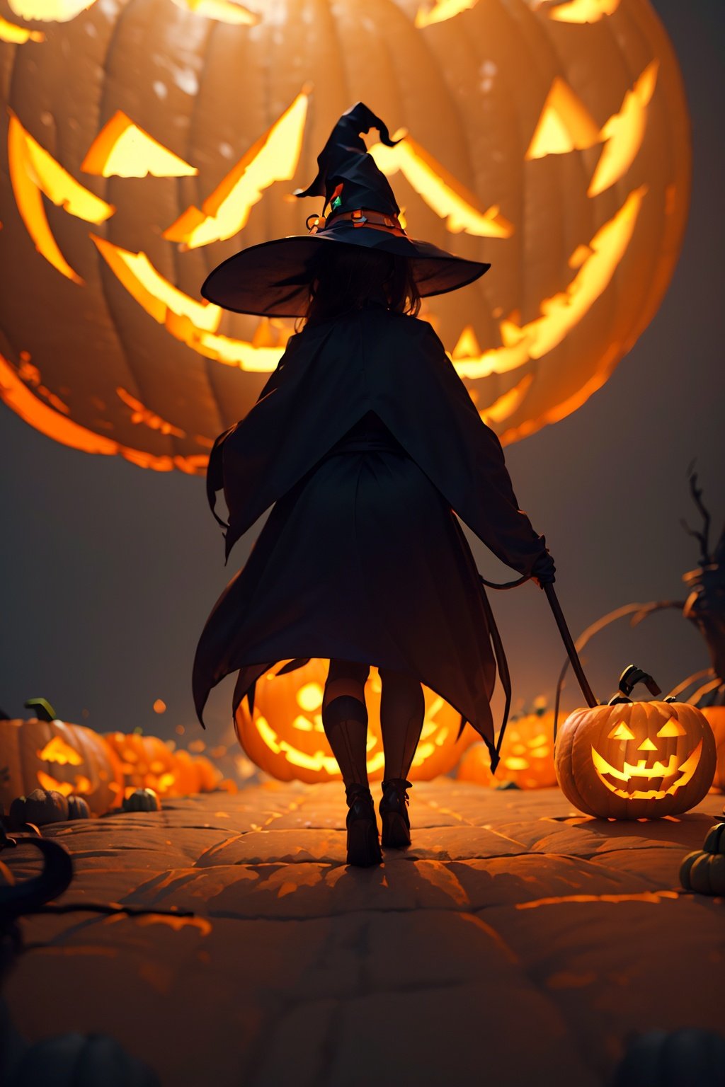 (witches walking towards a giant Jake lantern: 1.5) , (Halloween elements: 1.1) , miniature worlds, (clean background) , masterpieces, best quality, more detail, (super creative) , C4D, abstract images, surrealism, Pixar-style, 3D effects, disney-style, clear silhouette, Edge Light, fantasy, Spotlight, 8K,