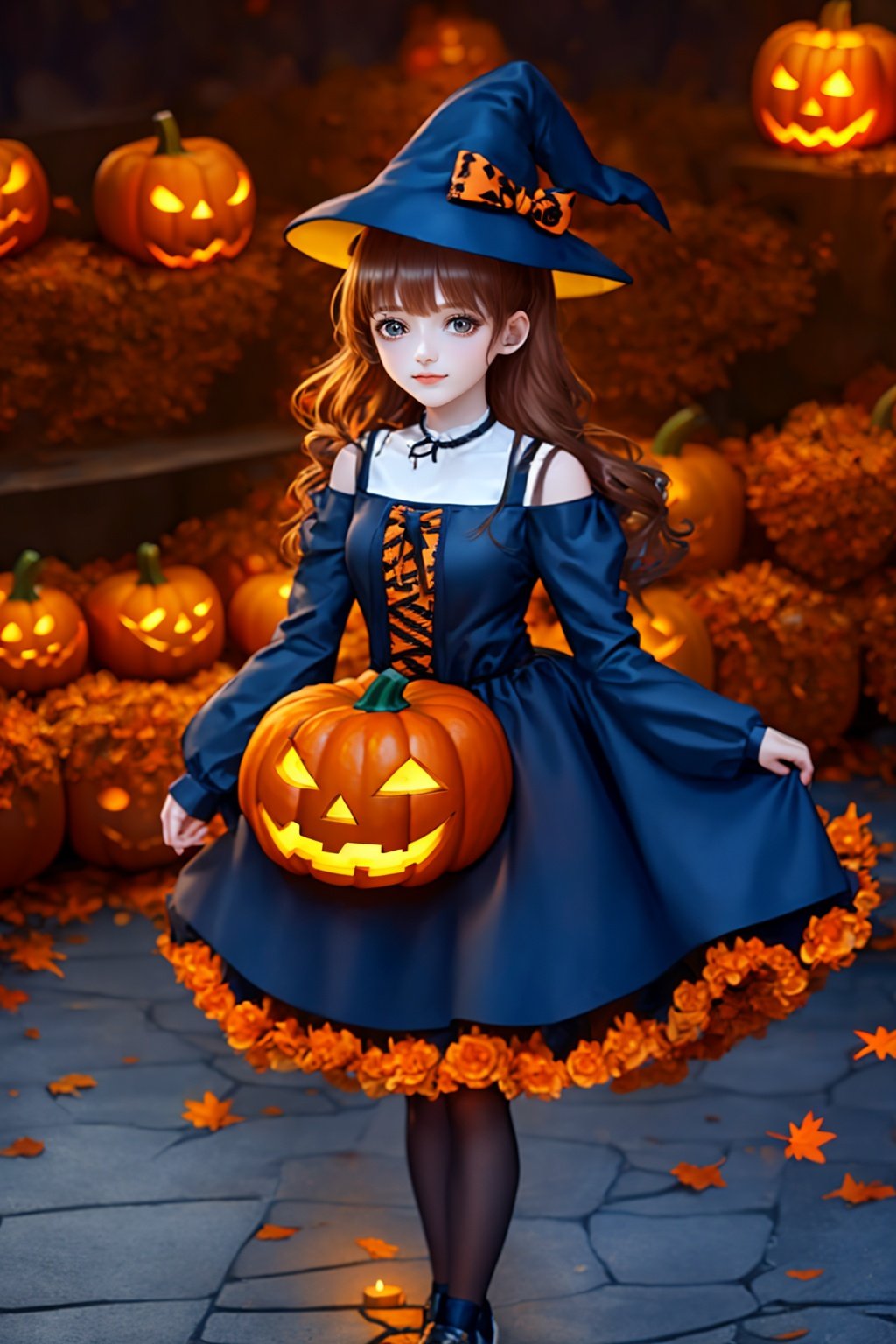  Best quality, 8k, cg,1girl,Halloween Dressing,jack-o'-lantern,basketball,candle,black_footwear,black_headwear,autumn_leaves