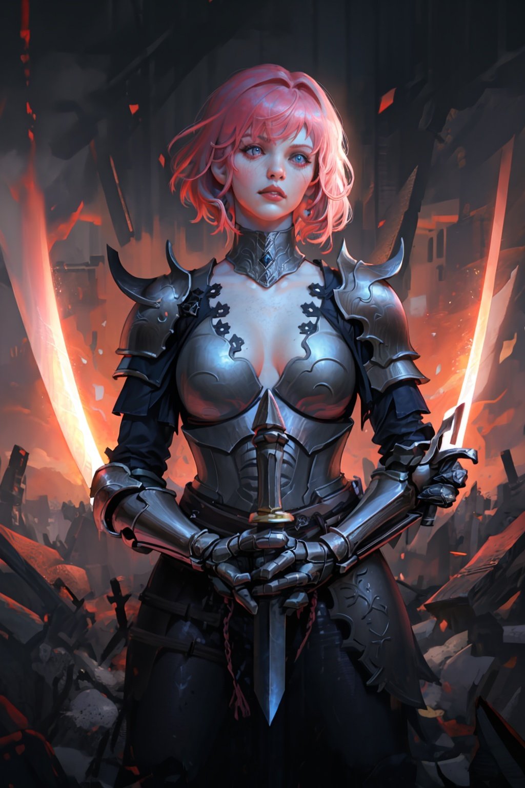  (masterpiece, best quality, high quality, real, realistic, super detailed,full detail,4k,8k),
NYDarkHalloween, 1girl, weapon, sword, solo, armor, pink hair, short hair, gauntlets, shoulder armor, holding, pauldrons, red hair, holding weapon, lips, holding sword