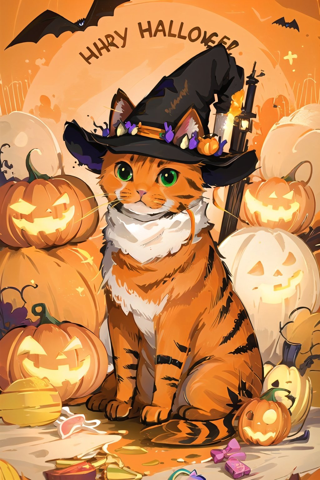  (((masterpiece))), ((extremely detailed CG unity 8k wallpaper)), best quality, high resolution illustration, Amazing, highres, intricate detail, (best illumination, best shadow, an extremely delicate and beautiful),

NYCuteHalloween, no humans, halloween, cat, hat, witch hat, bat (animal), happy halloween, jack-o'-lantern, pumpkin, orange background, looking at viewer, ghost, green eyes, food, animal focus, candy, animal, black headwear, :3, star (symbol), english text