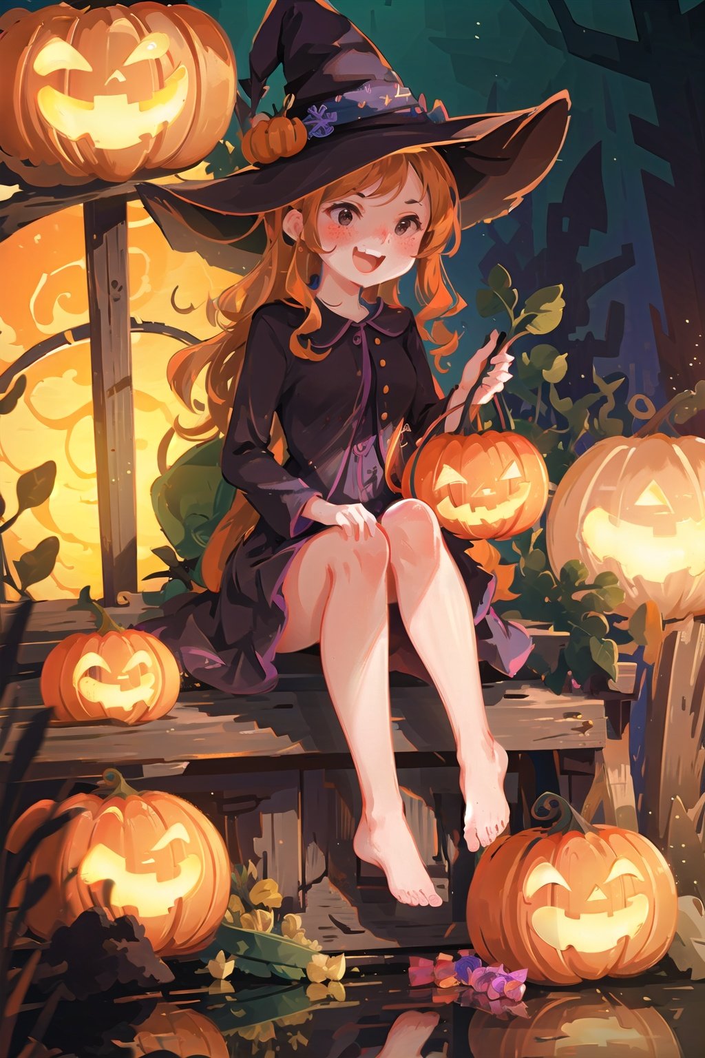  (((masterpiece))), ((extremely detailed CG unity 8k wallpaper)), best quality, high resolution illustration, Amazing, highres, intricate detail, (best illumination, best shadow, an extremely delicate and beautiful),

NYCuteHalloween, 1girl, hat, cat, witch hat, candy, freckles, food, black cat, witch, dress, halloween, smile, pumpkin, open mouth, sitting, outdoors, jack-o'-lantern, black eyes, solo, tree, purple dress, basket, barefoot, purple headwear, blush, night, :d