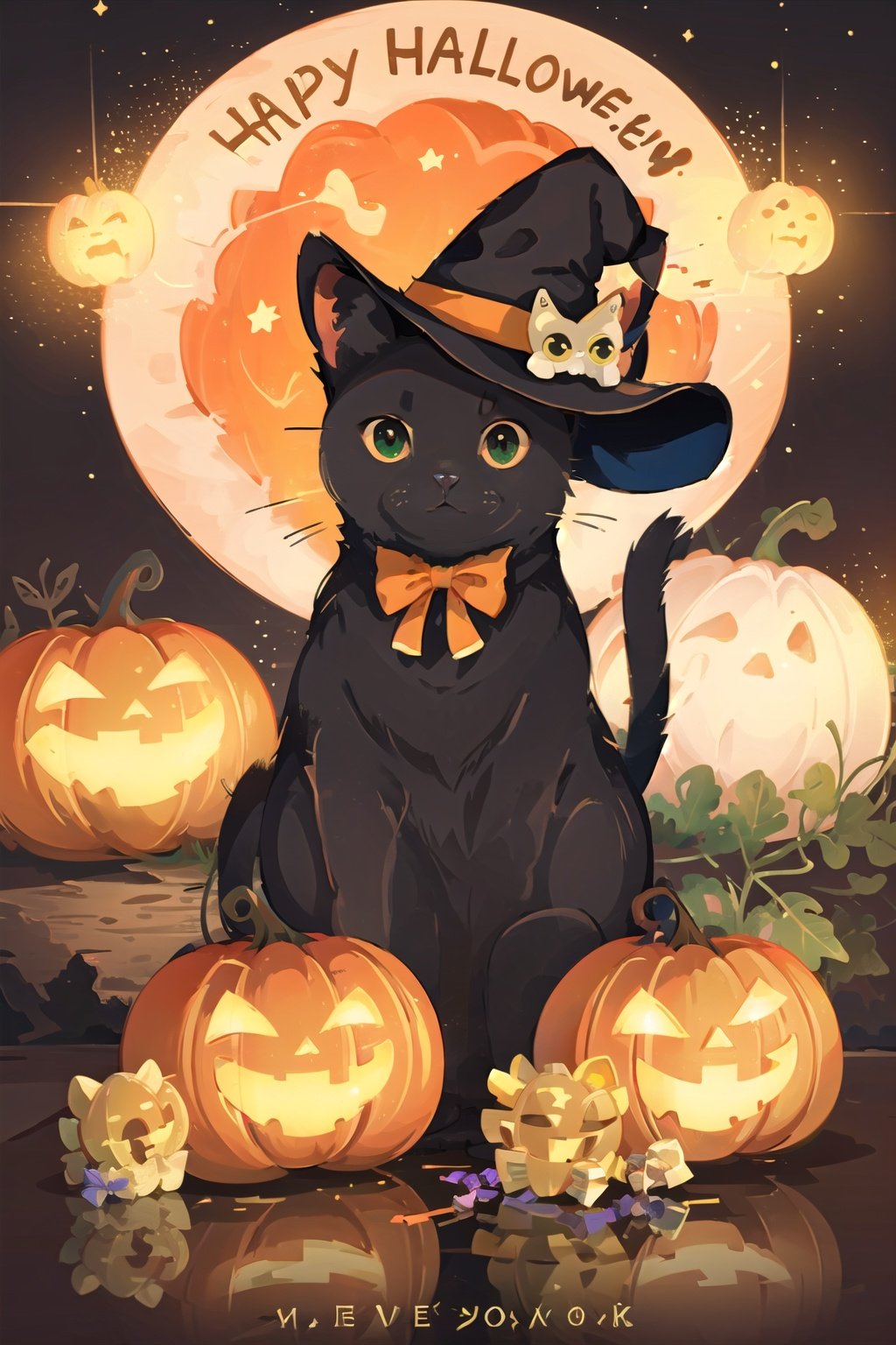  (((masterpiece))), ((extremely detailed CG unity 8k wallpaper)), best quality, high resolution illustration, Amazing, highres, intricate detail, (best illumination, best shadow, an extremely delicate and beautiful),

NYCuteHalloween, no humans, halloween, cat, hat, witch hat, bat (animal), happy halloween, jack-o'-lantern, pumpkin, orange background, looking at viewer, ghost, green eyes, food, animal focus, candy, animal, black headwear, :3, star (symbol), english text