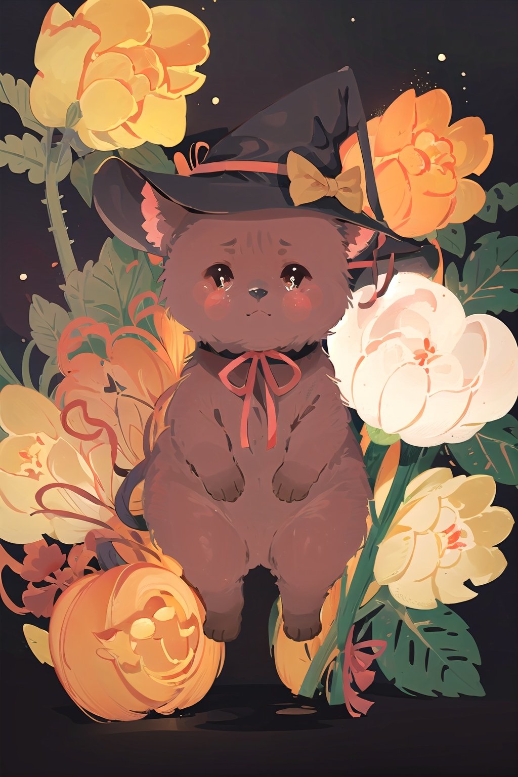  (((masterpiece))), ((extremely detailed CG unity 8k wallpaper)), best quality, high resolution illustration, Amazing, highres, intricate detail, (best illumination, best shadow, an extremely delicate and beautiful),

NYCuteHalloween, flower, rose, red flower, no humans, hat, red rose, ribbon, witch hat, black background, red ribbon, black headwear, neck ribbon, animal, plant, animalization, looking at viewer, tears, crying