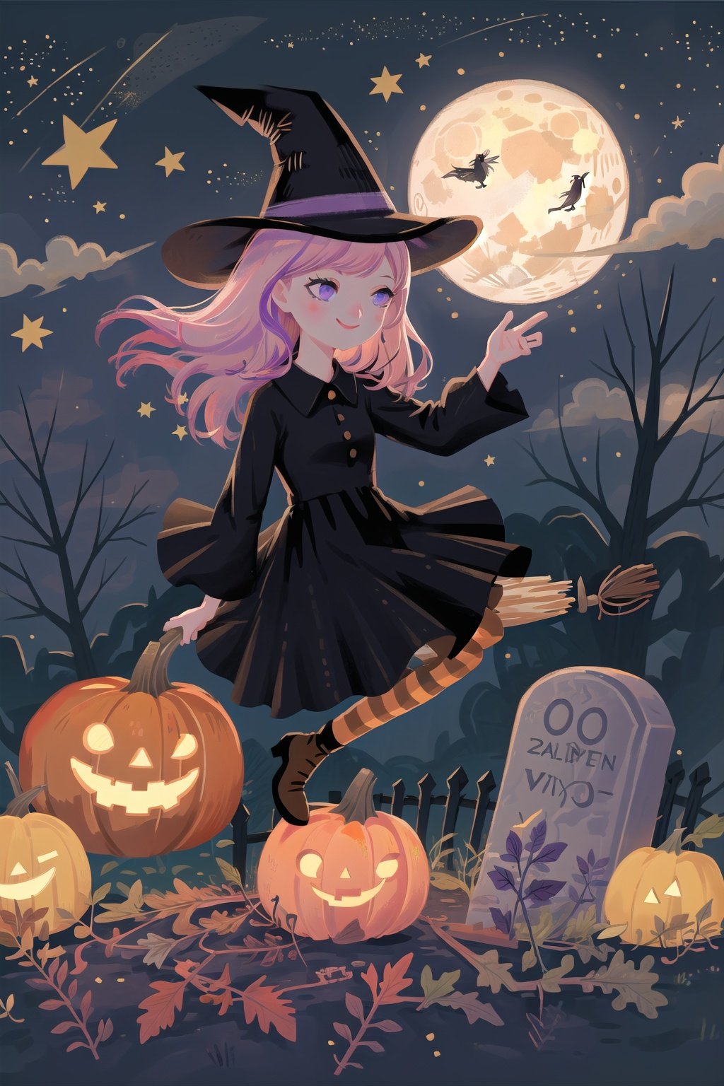  (masterpiece, best quality, high quality, real, realistic, super detailed,full detail,4k,8k),NYIllustrationHalloween, 1girl, cat, hat, broom, pink hair, witch hat, moon, crescent moon, witch, tree, jack-o'-lantern, striped, halloween, dress, pumpkin, broom riding, black cat, long hair, sky, star (symbol), black dress, night, pantyhose, purple eyes, star (sky), solo, bare tree, smile, night sky, outdoors, fence, starry sky, flower, tombstone, black headwear