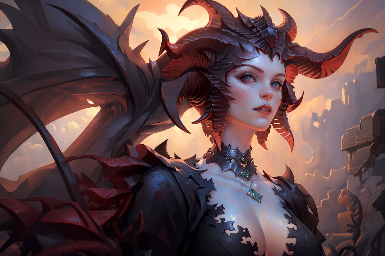  (masterpiece, best quality, high quality, real, realistic, super detailed,full detail,4k,8k),
NYDarkHalloween, 1girl, horns, solo, breasts, looking at viewer, parted lips, upper body, jewelry, demon horns, choker, demon girl, necklace, red background