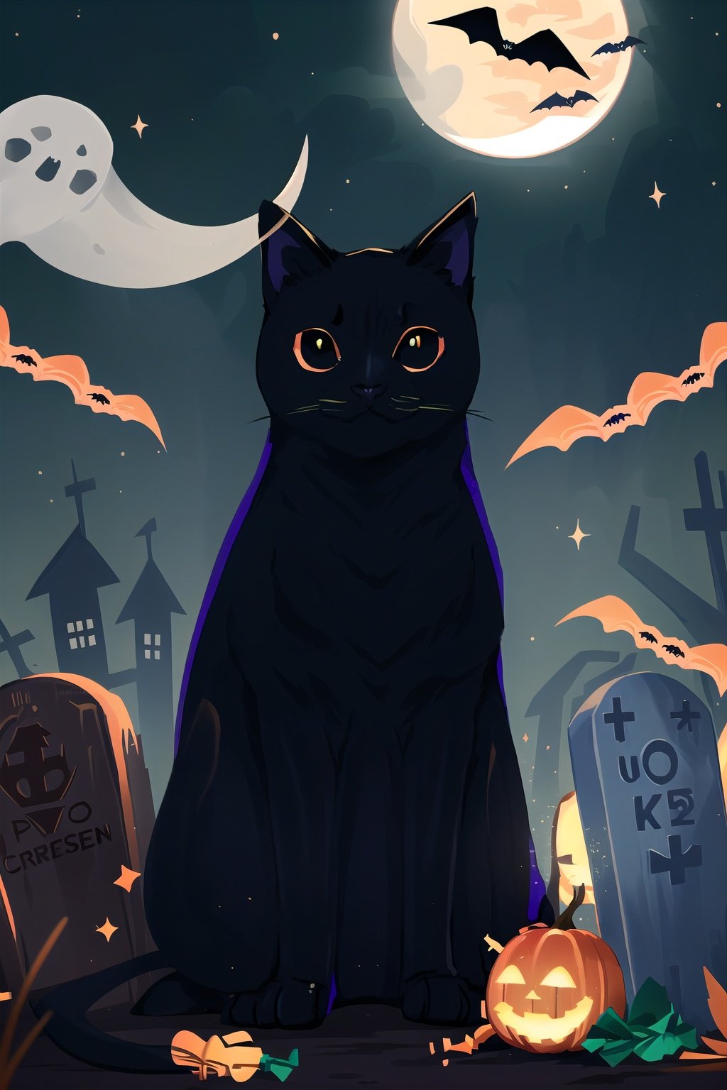  (masterpiece, best quality, high quality, real, realistic, super detailed,full detail,4k,8k),
NYCuteHalloween, cat, crescent moon, no humans, moon, black cat, ghost, sparkle, tombstone, :3, bat (animal), crescent, halloween, animal focus, looking at viewer