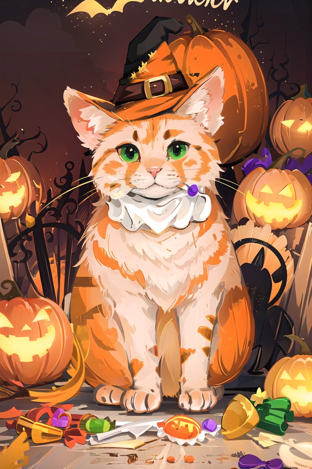  (((masterpiece))), ((extremely detailed CG unity 8k wallpaper)), best quality, high resolution illustration, Amazing, highres, intricate detail, (best illumination, best shadow, an extremely delicate and beautiful),

NYCuteHalloween, no humans, halloween, cat, hat, witch hat, bat (animal), happy halloween, jack-o'-lantern, pumpkin, orange background, looking at viewer, ghost, green eyes, food, animal focus, candy, animal, black headwear, :3, star (symbol), english text