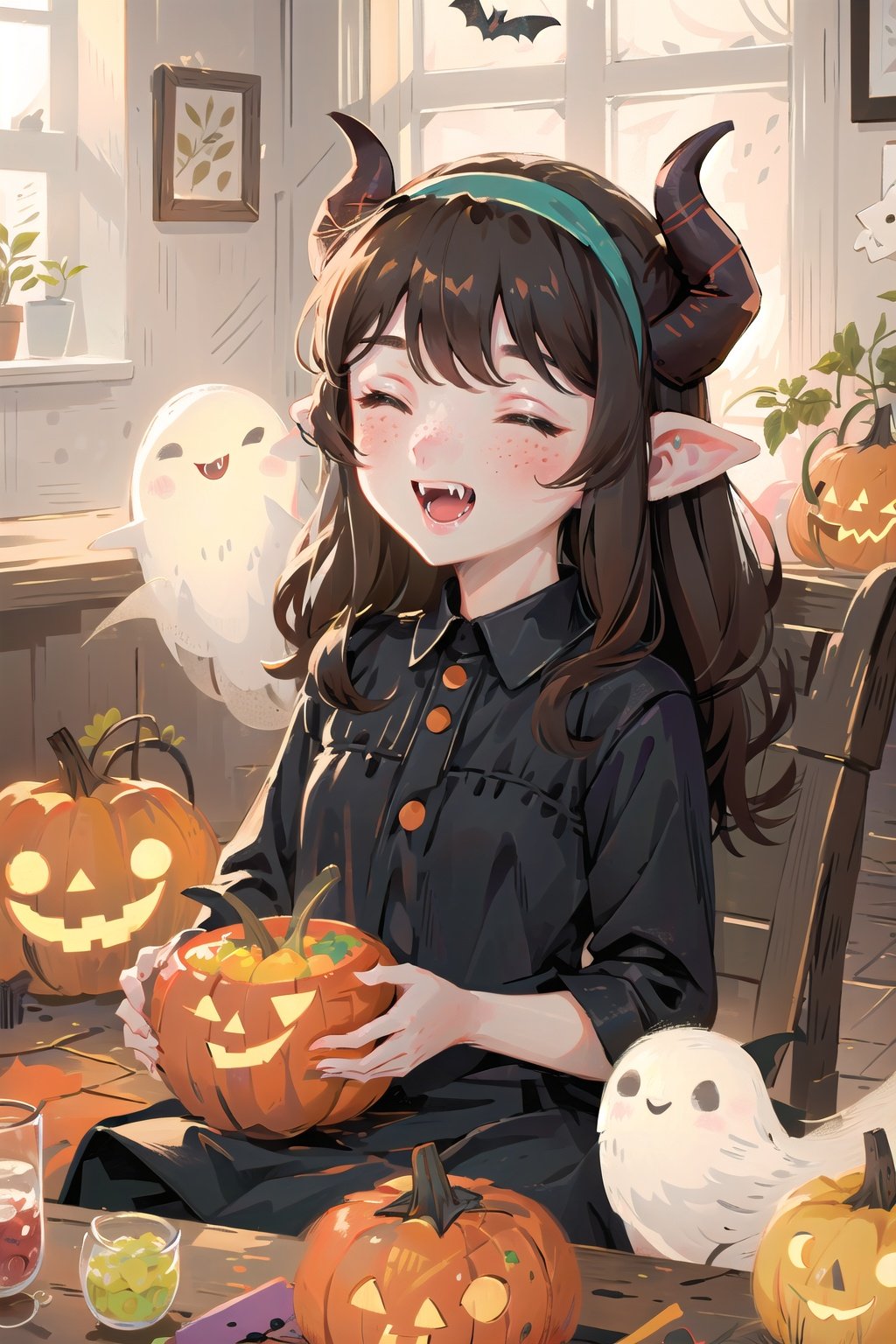  (((masterpiece))), ((extremely detailed CG unity 8k wallpaper)), best quality, high resolution illustration, Amazing, highres, intricate detail, (best illumination, best shadow, an extremely delicate and beautiful),

NYCuteHalloween, 1girl, cat, food, horns, fangs, bat (animal), hairband, jack-o'-lantern, black cat, closed eyes, candy, pumpkin, smile, halloween, open mouth, brown hair, freckles, ghost, sitting, holding, lollipop, chibi, animal, long hair, blush, holding food, ^_^, fake horns, happy, demon horns, dress, bangs