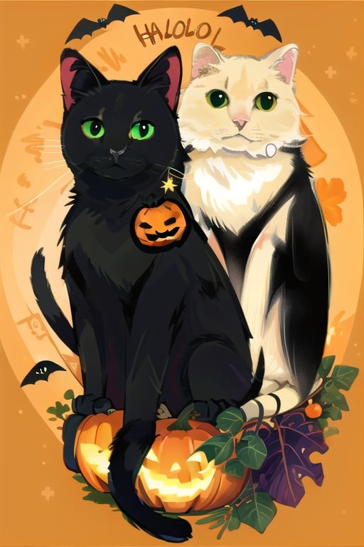 (masterpiece, best quality, high quality, real, realistic, super detailed,full detail,4k,8k),
NYCuteHalloween, cat, black cat, no humans, halloween, jack-o'-lantern, happy halloween, bat (animal), wings, orange background, pumpkin, animal focus, looking at viewer, animal, green eyes, bat wings, star (symbol), :3, ghost