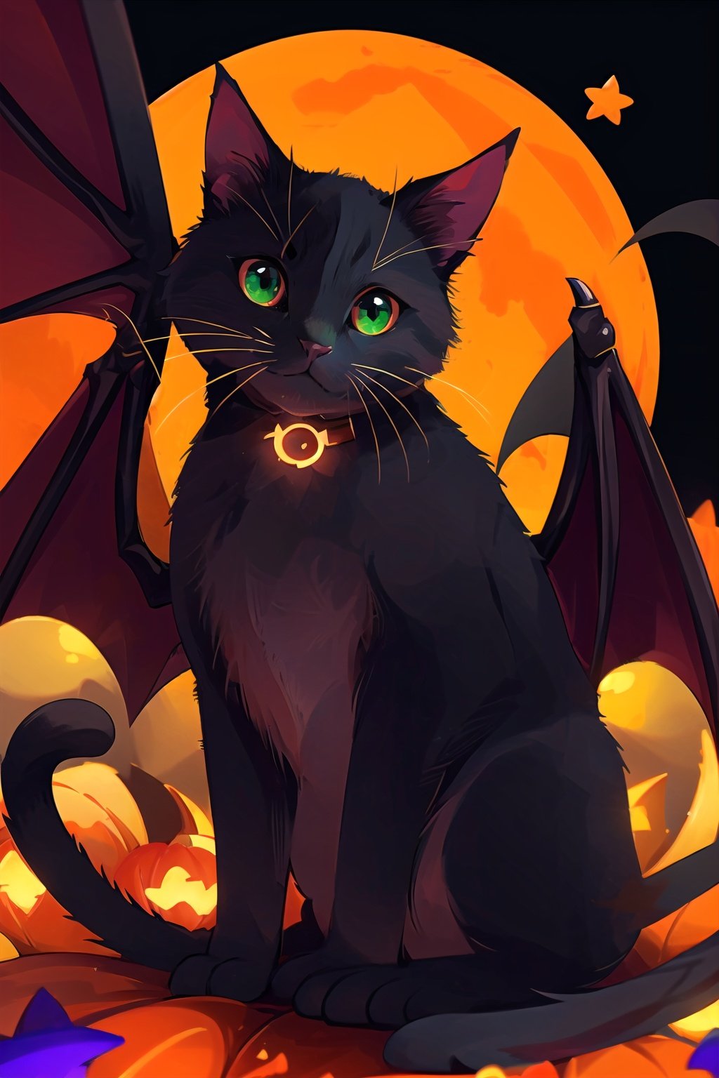  (((masterpiece))), ((extremely detailed CG unity 8k wallpaper)), best quality, high resolution illustration, Amazing, highres, intricate detail, (best illumination, best shadow, an extremely delicate and beautiful),

NYCuteHalloween, cat, black cat, no humans, halloween, jack-o'-lantern, happy halloween, bat (animal), wings, orange background, pumpkin, animal focus, looking at viewer, animal, green eyes, bat wings, star (symbol), :3, ghost