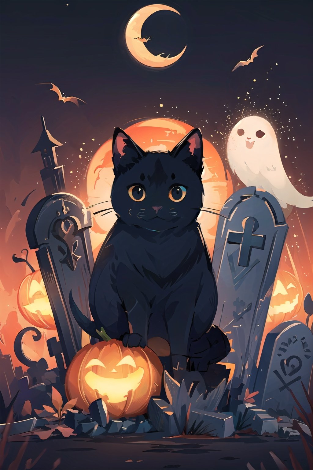  (((masterpiece))), ((extremely detailed CG unity 8k wallpaper)), best quality, high resolution illustration, Amazing, highres, intricate detail, (best illumination, best shadow, an extremely delicate and beautiful),

NYCuteHalloween, cat, crescent moon, no humans, moon, black cat, ghost, sparkle, tombstone, :3, bat (animal), crescent, halloween, animal focus, looking at viewer