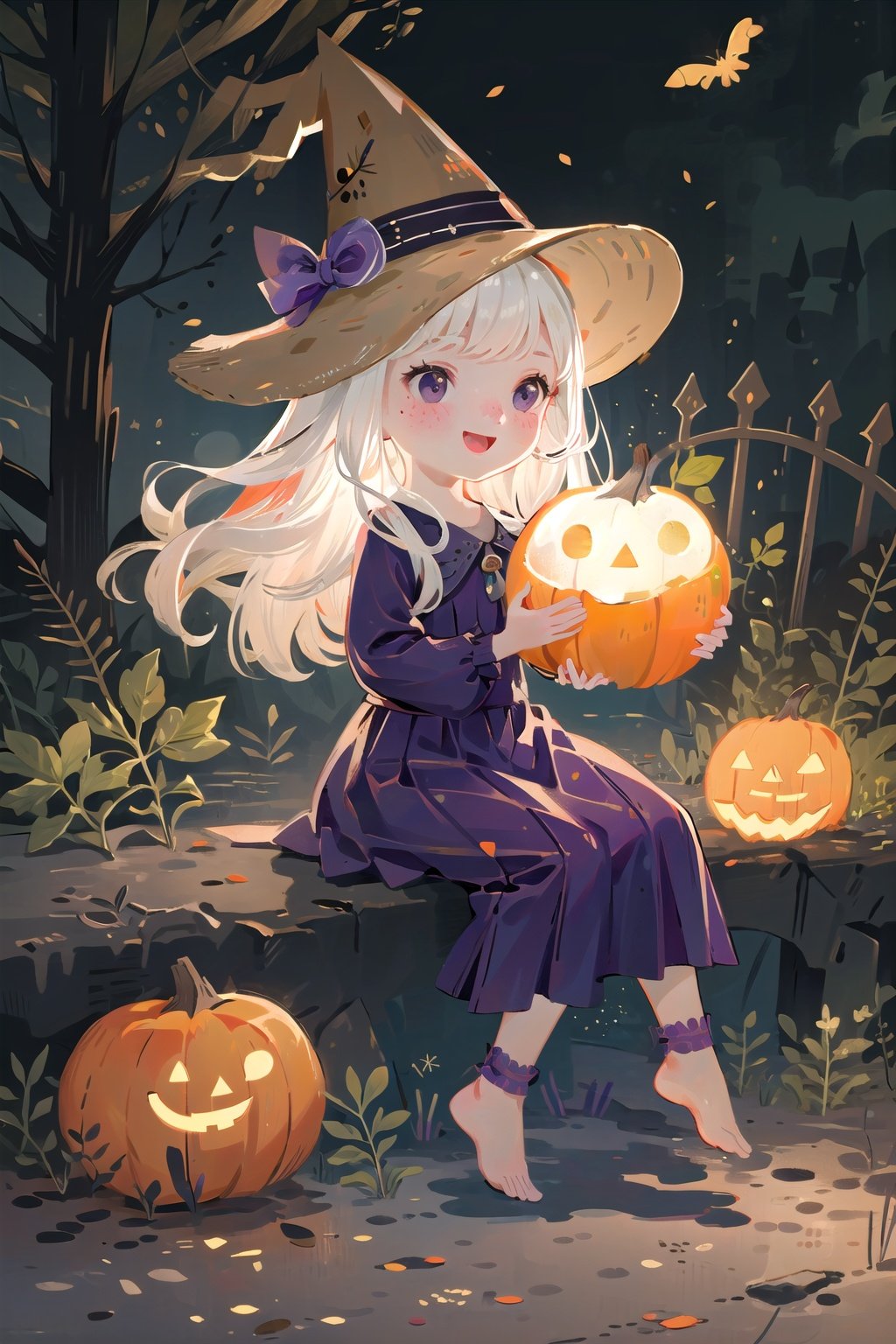  (((masterpiece))), ((extremely detailed CG unity 8k wallpaper)), best quality, high resolution illustration, Amazing, highres, intricate detail, (best illumination, best shadow, an extremely delicate and beautiful),

NYCuteHalloween, 1girl, hat, cat, witch hat, candy, freckles, food, black cat, witch, dress, halloween, smile, pumpkin, open mouth, sitting, outdoors, jack-o'-lantern, black eyes, solo, tree, purple dress, basket, barefoot, purple headwear, blush, night, :d