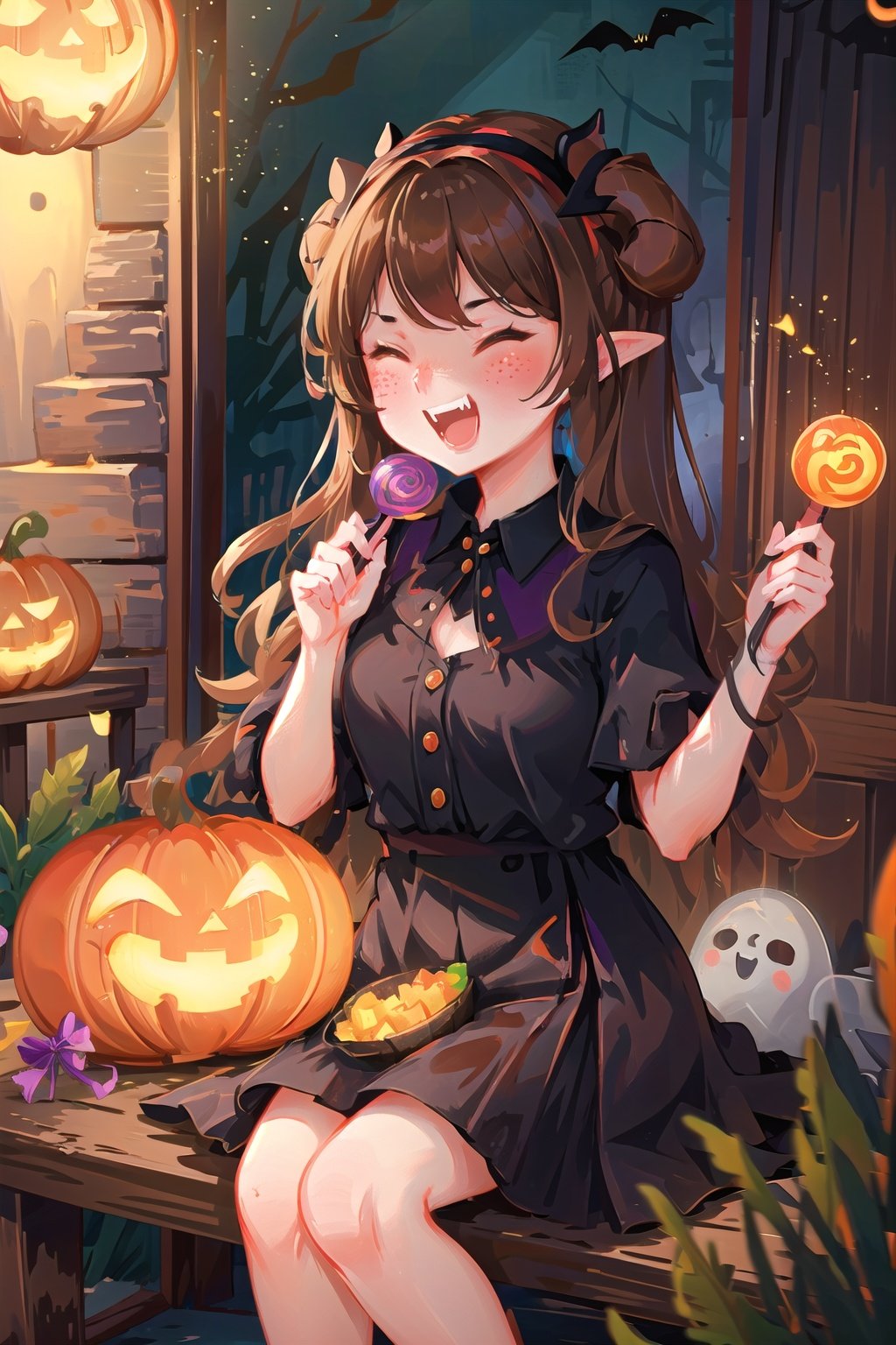  (((masterpiece))), ((extremely detailed CG unity 8k wallpaper)), best quality, high resolution illustration, Amazing, highres, intricate detail, (best illumination, best shadow, an extremely delicate and beautiful),

NYCuteHalloween, 1girl, cat, food, horns, fangs, bat (animal), hairband, jack-o'-lantern, black cat, closed eyes, candy, pumpkin, smile, halloween, open mouth, brown hair, freckles, ghost, sitting, holding, lollipop, chibi, animal, long hair, blush, holding food, ^_^, fake horns, happy, demon horns, dress, bangs