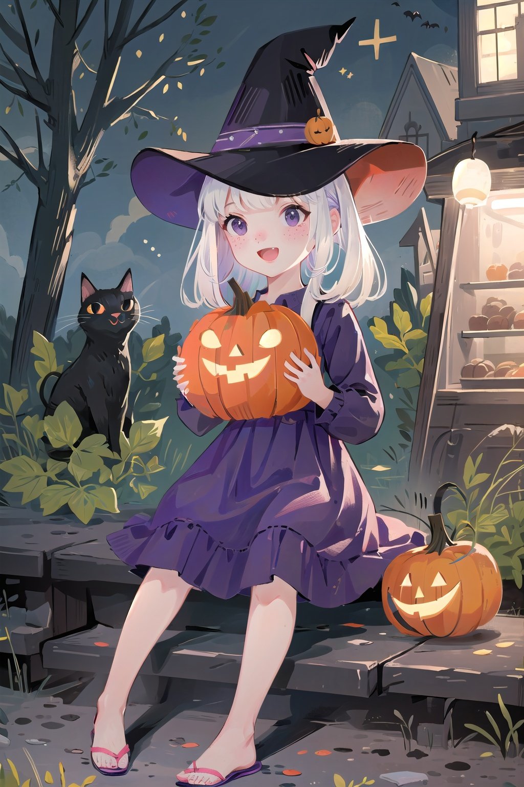  (((masterpiece))), ((extremely detailed CG unity 8k wallpaper)), best quality, high resolution illustration, Amazing, highres, intricate detail, (best illumination, best shadow, an extremely delicate and beautiful),

NYCuteHalloween, 1girl, hat, cat, witch hat, candy, freckles, food, black cat, witch, dress, halloween, smile, pumpkin, open mouth, sitting, outdoors, jack-o'-lantern, black eyes, solo, tree, purple dress, basket, barefoot, purple headwear, blush, night, :d