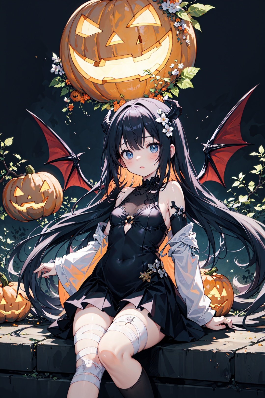  {masterpiece},1girl,jack-o'-lantern,will-o'-the-wisp (mythology),bandages,genie,ghost,candy,(long hair:1.2),halloween,halloween costume,hime cut,messy hair,floating hair,(demon wings:1.2), JaLanteen, cozy anime, wansheng, darktheme, WaHaa