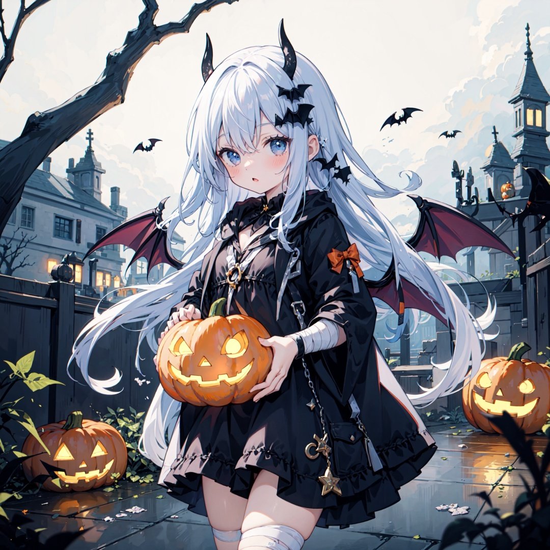  {masterpiece},1girl,jack-o'-lantern,will-o'-the-wisp (mythology),bandages,genie,ghost,candy,(long hair:1.2),halloween,halloween costume,hime cut,messy hair,floating hair,(demon wings:1.2), JaLanteen, cozy anime, wansheng, darktheme, WaHaa