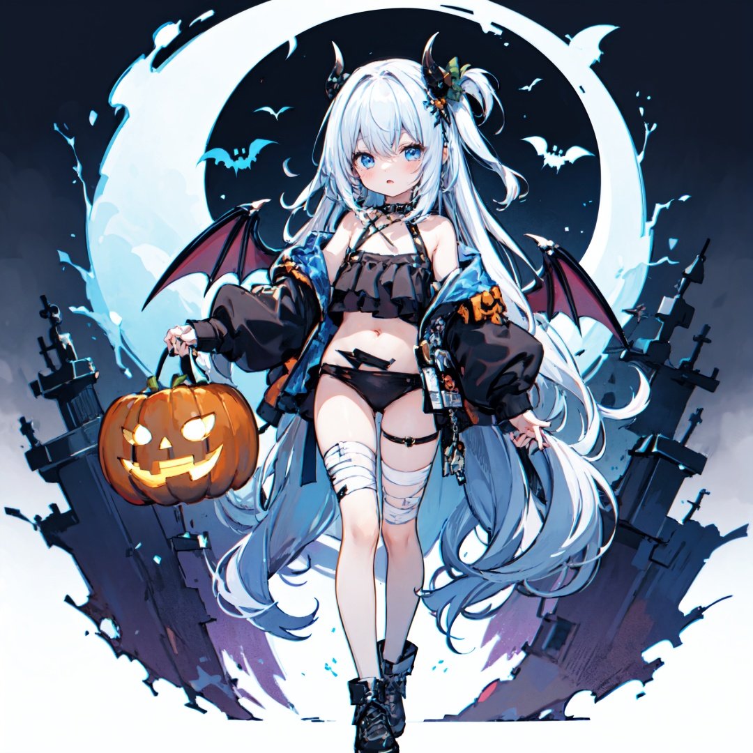  {masterpiece},1girl,standing,full body,dynamic pose,navel,bare shoulders,jack-o'-lantern,will-o'-the-wisp (mythology),bandages,genie,ghost,candy,(long hair:1.2),halloween,halloween costume,hime cut,messy hair,floating hair,(demon wings:1.2), JaLanteen, cozy anime, wansheng, darktheme, WaHaa