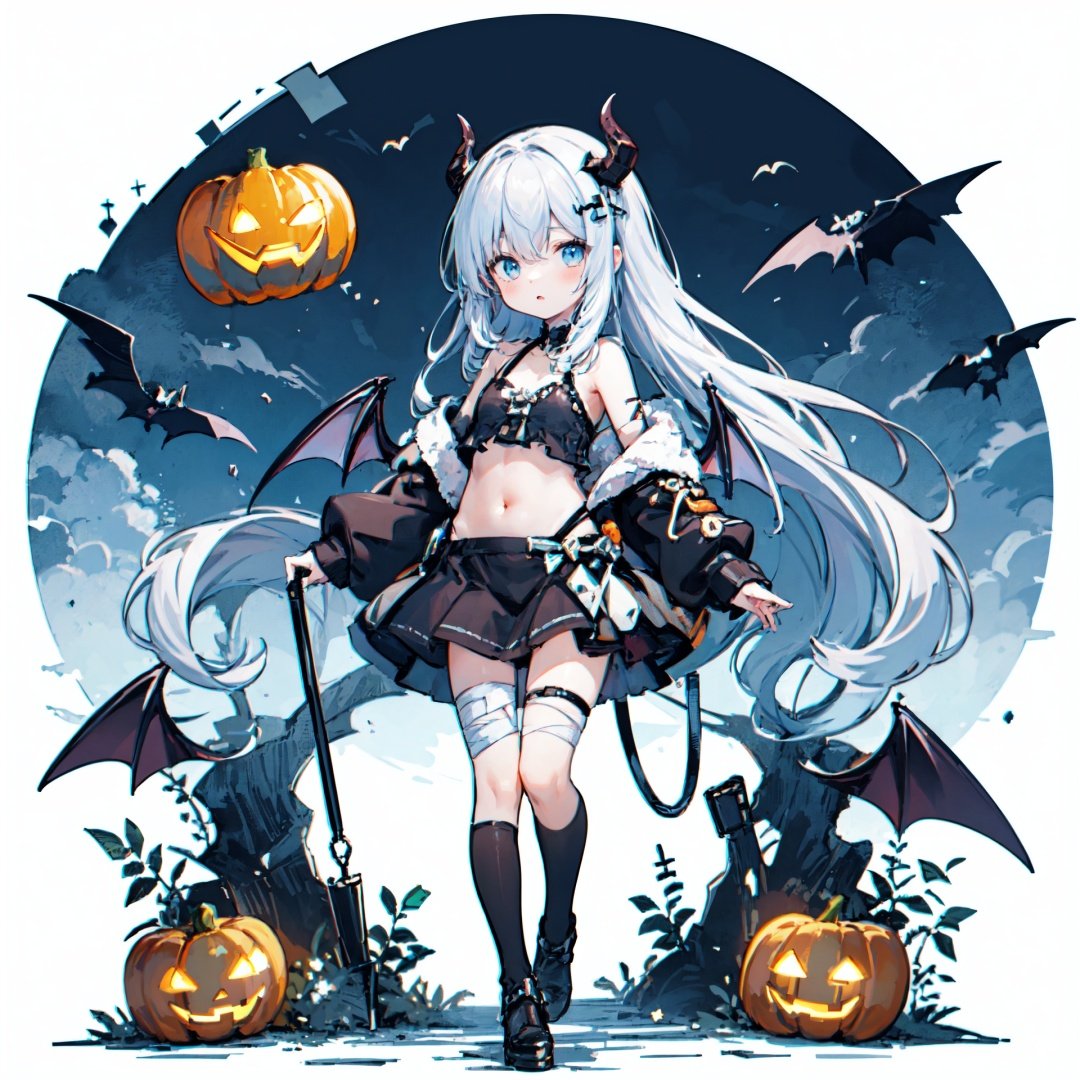  {masterpiece},1girl,standing,full body,dynamic pose,navel,bare shoulders,jack-o'-lantern,will-o'-the-wisp (mythology),bandages,genie,ghost,candy,(long hair:1.2),halloween,halloween costume,hime cut,messy hair,floating hair,(demon wings:1.2), JaLanteen, cozy anime, wansheng, darktheme, WaHaa