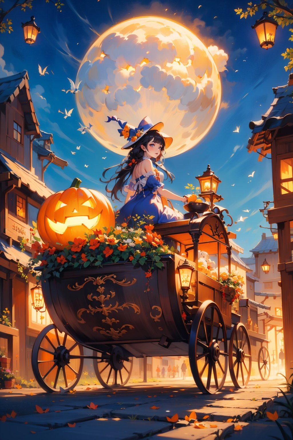  (High detail, high quality, masterpiece), in the style of Cyril Rolando, with clear focus, 1 girl, blue and white dress, (witch hat), devil's horn, (standing in front of the carriage: 1.5), pumpkin lantern, surrounded by pumpkins, scattered in the scene with many different styles of pumpkins, some closer to the front, some closer to the back, full of hidden details, dynamic posture, shiny skin, best quality, Perfect Anatomy: 1.4, High Detail, 8k, High Rise, Featuring Colorful Explosion, Leakage, Fantasy Illustrations, Divine Ray, Rainbow Core Styles, Blending Reality and Fantasy Elements, Fairy Tale Academic, (Clear Focus: 1.2), (Color: 1.2), (Digital Painting: 1.1), 8k Wallpaper, OC rendering, Looking Up, Ultra Wide Angle, Fish Eye, Lens Focused Full Body, 16K, Ultra High Definition, High Resolution, Very Detailed, Best Image Quality

