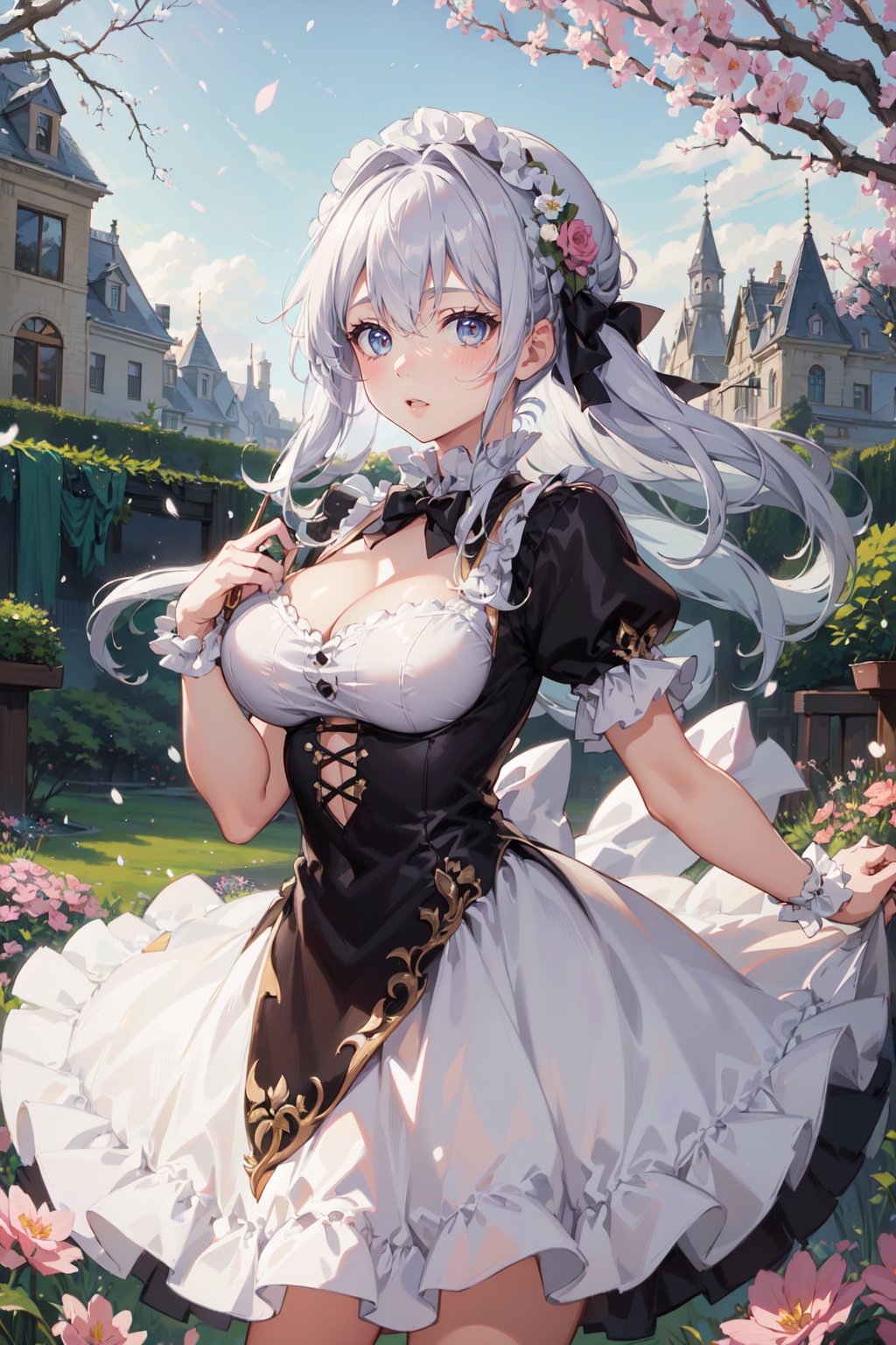 A girl with silver hair is in the garden surrounded by many flowers and it is snowing,(masterpiece, top quality, best quality, art, beautiful and aesthetic:1.2), (1girl), extreme detailed,colorful,highest detailed,