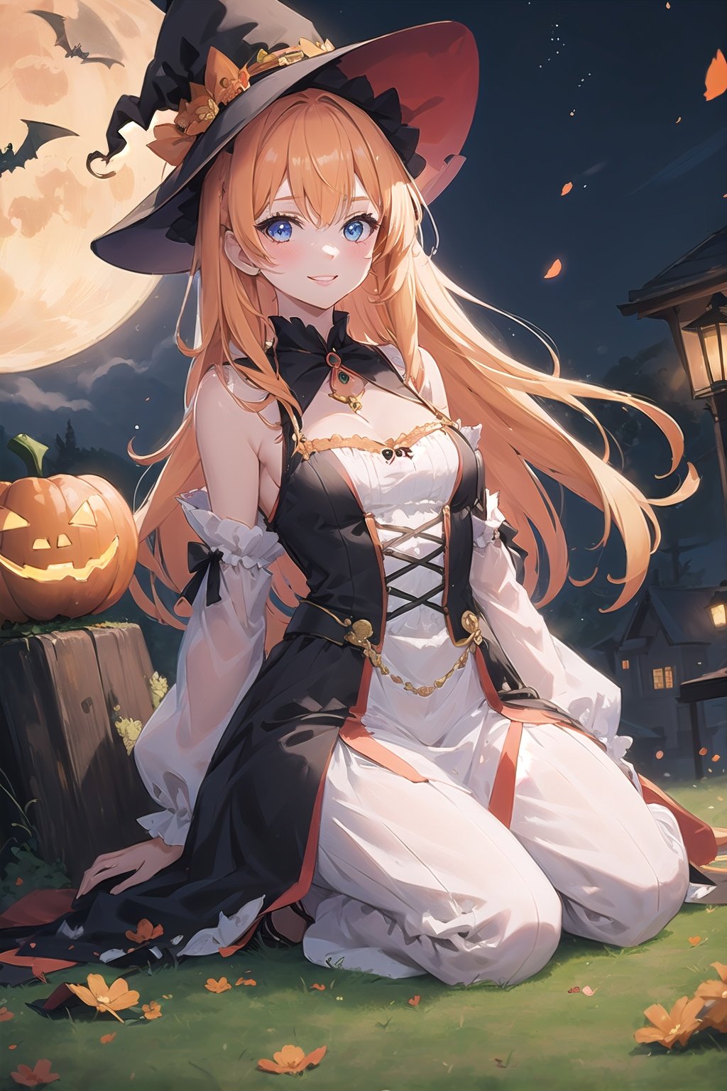  absurdres, highres, ultra detailed, (1girl:1.3) , Halloween witch, ((lovely smile)),wizard robes, wizard hat, Jack o'lantern, night, moon lighting,
BREAK, Halloween atmosphere,(half body image:1.5),
 , kaleidoscopic imagery, symmetrical patterns, vibrant colors, geometric shapes, mesmerizing designs, optical illusions, dynamic composition
BREAK
, pantomime art, expressive body language, silent storytelling, evocative gestures, visual narratives, theatrical performances
BREAK
, blooming pumpkins, colorful petals, fragrant scents, nature's bounty, vibrant gardens, peaceful scenery,(wide angle:1.5),