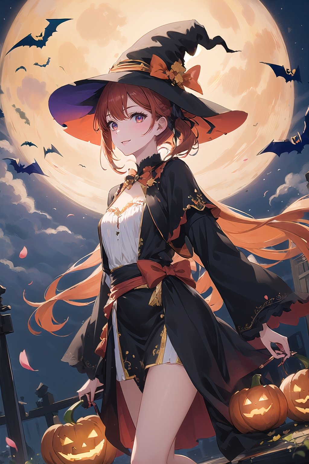  absurdres, highres, ultra detailed, (1girl:1.3) , Halloween witch, ((lovely smile)),wizard robes, wizard hat, Jack o'lantern, night, moon lighting,
BREAK, Halloween atmosphere,(half body image:1.5),
 , kaleidoscopic imagery, symmetrical patterns, vibrant colors, geometric shapes, mesmerizing designs, optical illusions, dynamic composition
BREAK
, pantomime art, expressive body language, silent storytelling, evocative gestures, visual narratives, theatrical performances
BREAK
, blooming pumpkins, colorful petals, fragrant scents, nature's bounty, vibrant gardens, peaceful scenery,(wide angle:1.5),