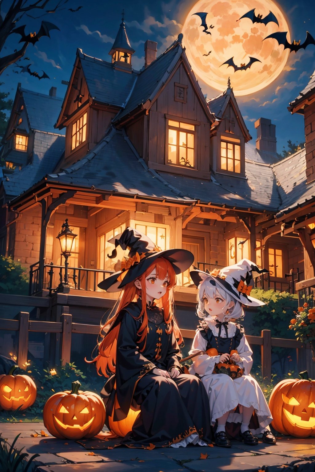  A Halloween party scene, featuring witches gathered near a glowing cauldron under an orange moonlit sky. Surrounded by carved pumpkins, broomsticks, and playful black cats. Kids dressed up as monsters roam nearby, collecting candies from a creepy old mansion adorned with spooky décor. Paint it in high detail, capturing both lightheartedness and eeriness.