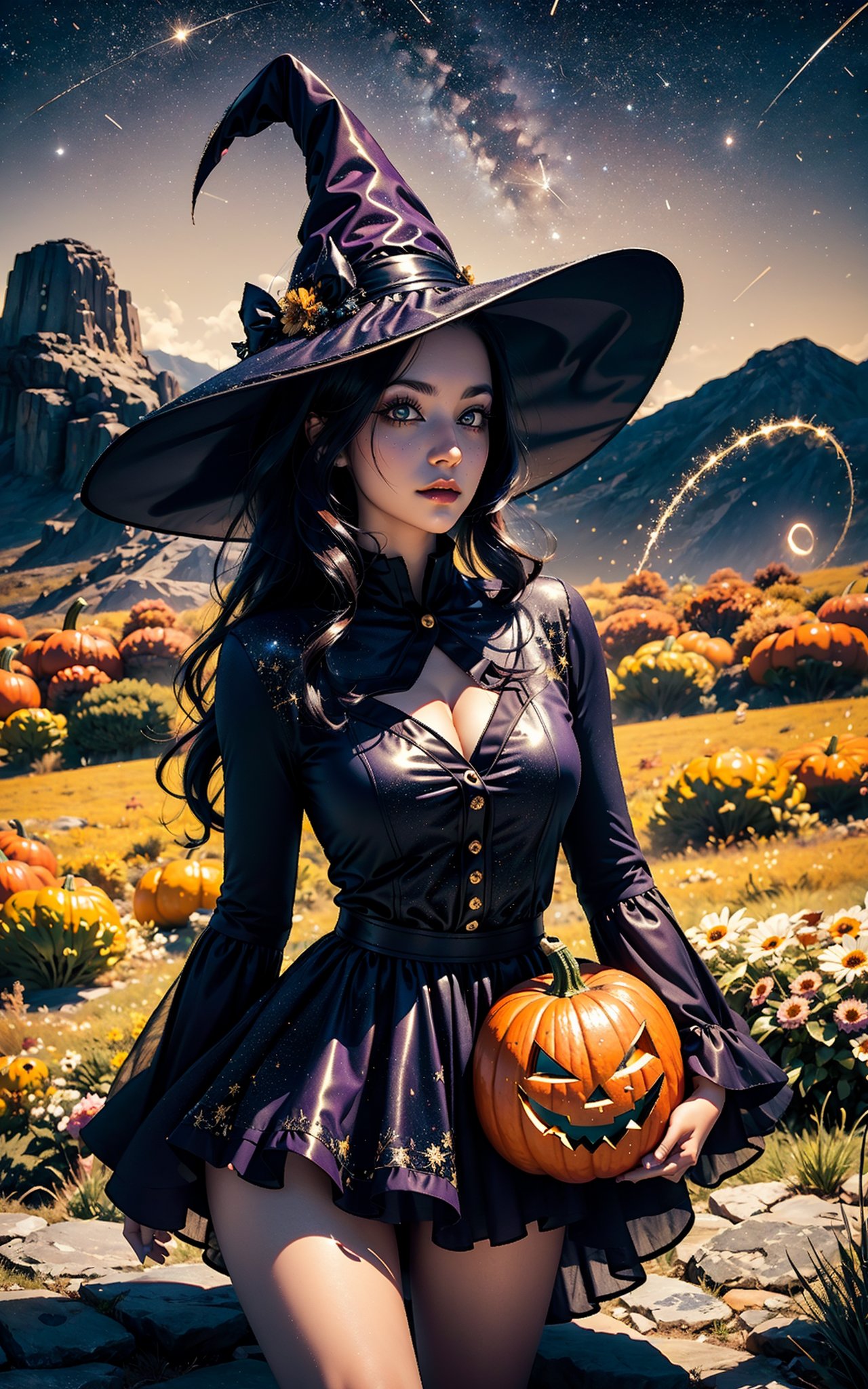 1girl with a halloween costume and a wizard hat looking at viewer, serperior, 8K render, best quality, (masterpiece, best quality, ultra-detailed, best shadow), In the style of Your Name, you find yourself standing with a pumpkin on a hilltop, surrounded by fields of vibrant flowers as far as the eye can see. In the distance, you see a shimmering comet streak across the sky, leaving a trail of glittering stardust in its wake,girl