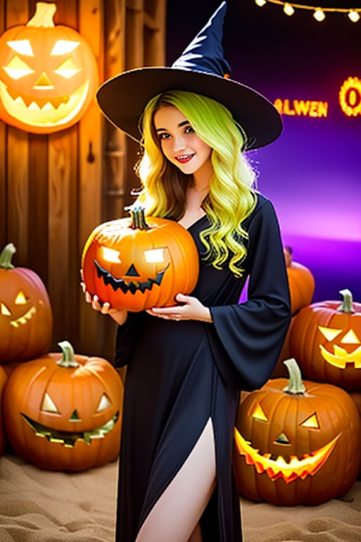 ((1 girl with Halloween costume and wizard hat holding a halloween pumpkin , in the halloween night festival,adorable, happy)), A high-resolution photograph capturing a confident and elegant young woman in a modern. The sharp focus and fluid lighting bring out her natural beauty and give a sense of empowerment, on the beach with the sunrise, full body shot, facing at the viewer, Emma Watson, yellow hair, big_boobs.,little_cute_girl,girl