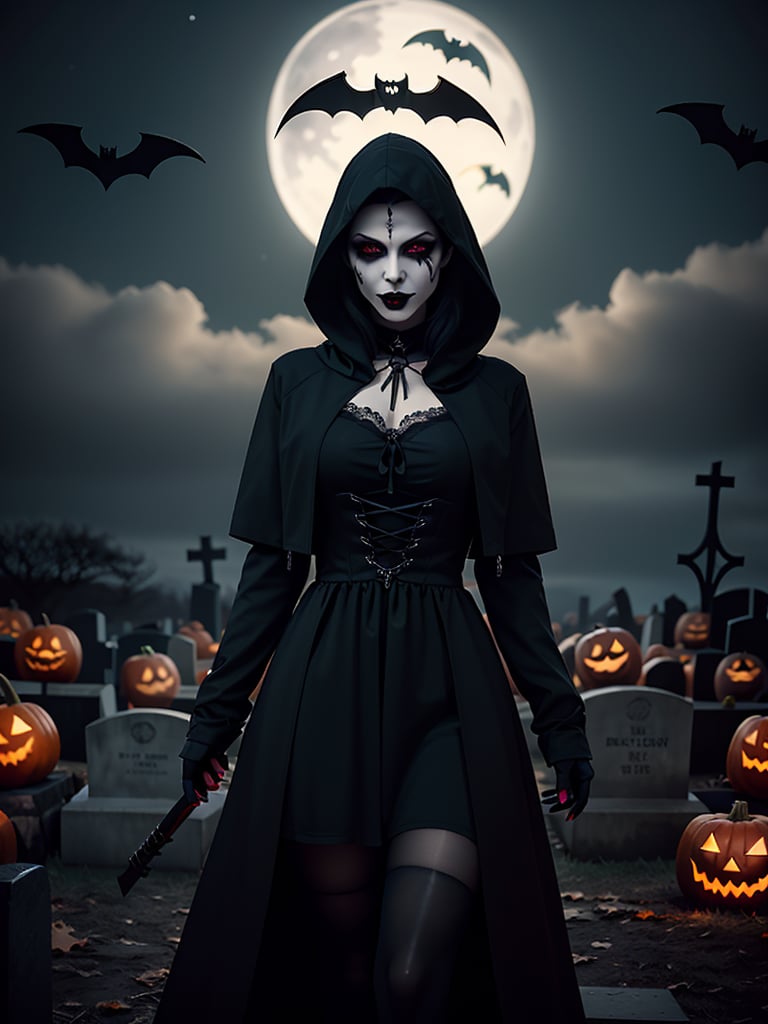 one girl, a vampire, beauty, long black gothic dress, black coat with a hood, sexy, black makeup, black lipstick, vampire style, seductive, graveyard with halloween pumpkins in background, flying bats, night, halloween style, dark mood, top quality,high res, ultrasharp, masterpiece, looking at viewer, centered, key visual,girl