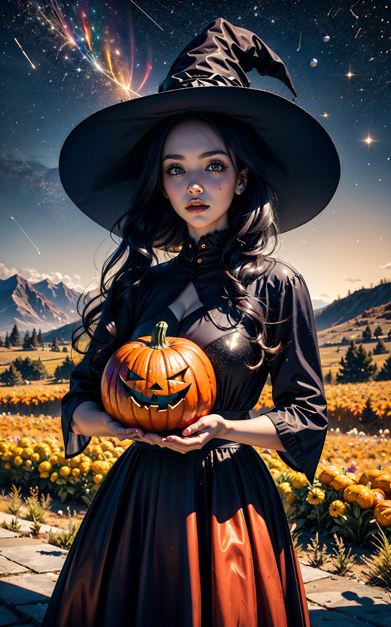 1girl with a halloween costume and a wizard hat looking at viewer, serperior, 8K render, best quality, (masterpiece, best quality, ultra-detailed, best shadow), In the style of Your Name, you find yourself standing with a pumpkin on a hilltop, surrounded by fields of vibrant flowers as far as the eye can see. In the distance, you see a shimmering comet streak across the sky, leaving a trail of glittering stardust in its wake,girl