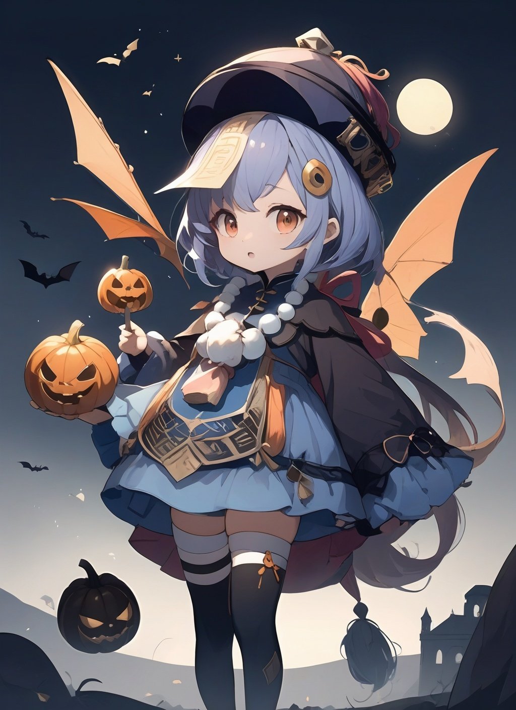 <lora:qiqi (1):1>,qiqi,1girl, basket, basketball, bat, bat_hair_ornament, bat_wings, bolt, broom, candle, candy, candy_cane, castle, charmander, coffin, cookie, costume, cross, demon_horns, demon_tail, emoji, english_text, food, food-themed_hair_ornament, ghost, ghost_costume, glowing, glowing_eyes, grave, graveyard, halloween, halloween_bucket, halloween_costume, happy_halloween, hat, holding_vegetable, horns, jack-o'-lantern, lantern, lollipop, luma_\(mario\), manjuu_\(azur_lane\), mimikyu, moon, mummy, mummy_costume, orange_headwear, pie, pumpkin, pumpkin_hair_ornament, pumpkin_hat, samus_aran, screw, silk, skeleton, skull, spider, spider_web, spider_web_print, stitches, swirl_lollipop, tombstone, torchic, trick_or_treat, trident, vampire, vampire_costume, vegetable, werewolf, wings, witch, witch_hat