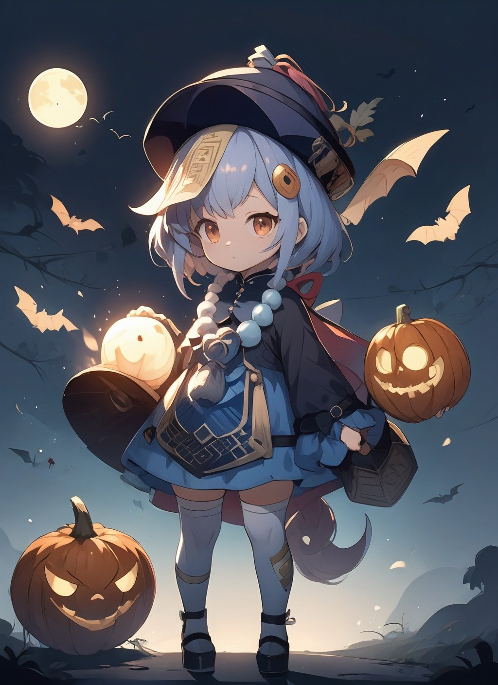 <lora:qiqi (1):1>,qiqi,1girl, basket, basketball, bat, bat_hair_ornament, bat_wings, bolt, broom, candle, candy, candy_cane, castle, charmander, coffin, cookie, costume, cross, demon_horns, demon_tail, emoji, english_text, food, food-themed_hair_ornament, ghost, ghost_costume, glowing, glowing_eyes, grave, graveyard, halloween, halloween_bucket, halloween_costume, happy_halloween, hat, holding_vegetable, horns, jack-o'-lantern, lantern, lollipop, luma_\(mario\), manjuu_\(azur_lane\), mimikyu, moon, mummy, mummy_costume, orange_headwear, pie, pumpkin, pumpkin_hair_ornament, pumpkin_hat, samus_aran, screw, silk, skeleton, skull, spider, spider_web, spider_web_print, stitches, swirl_lollipop, tombstone, torchic, trick_or_treat, trident, vampire, vampire_costume, vegetable, werewolf, wings, witch, witch_hat