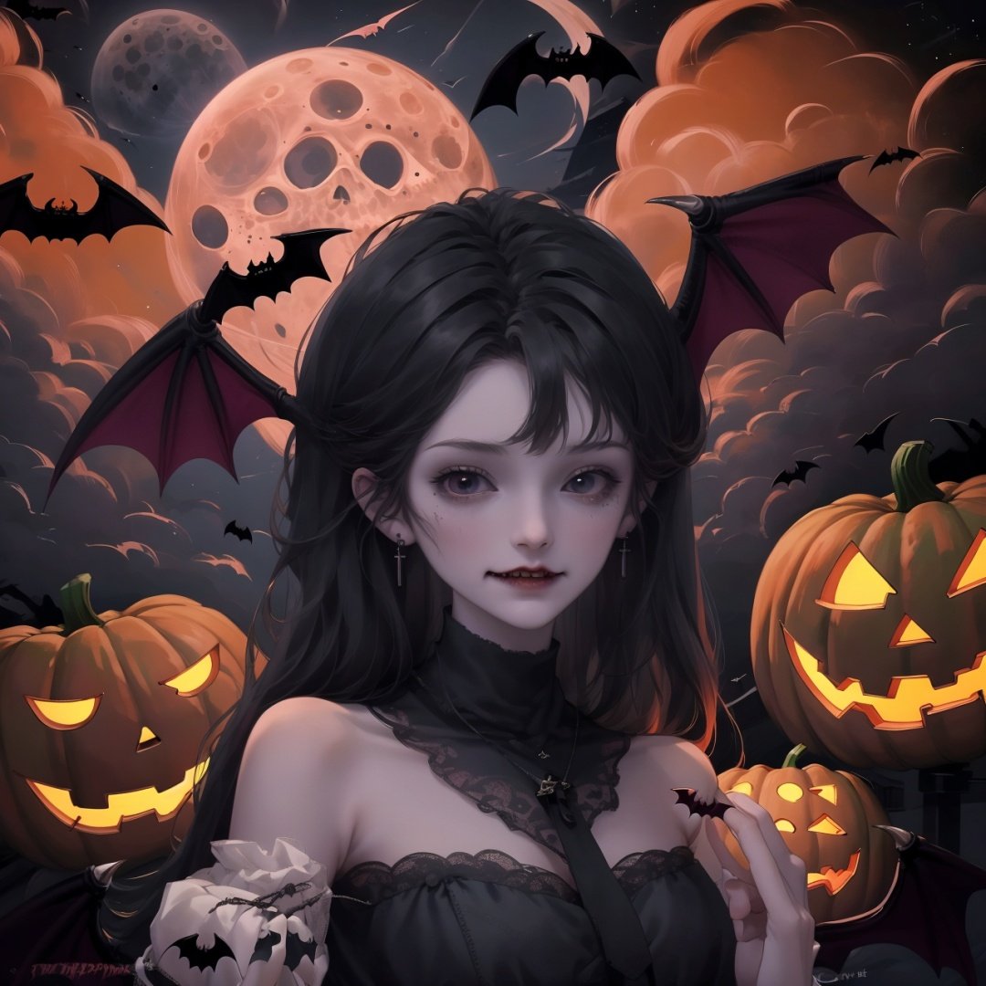  Best quality, 8k, cg,Halloween,jack-o'-lantern,bat,pumpkin,moon,1girl,demon