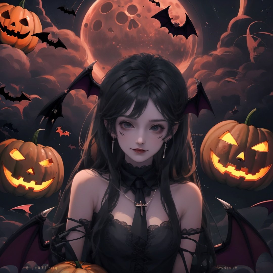  Best quality, 8k, cg,Halloween,jack-o'-lantern,bat,pumpkin,moon,1girl,demon