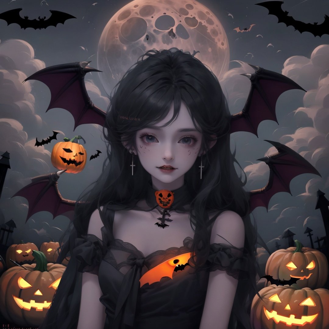  Best quality, 8k, cg,Halloween,jack-o'-lantern,bat,pumpkin,moon,1girl,demon