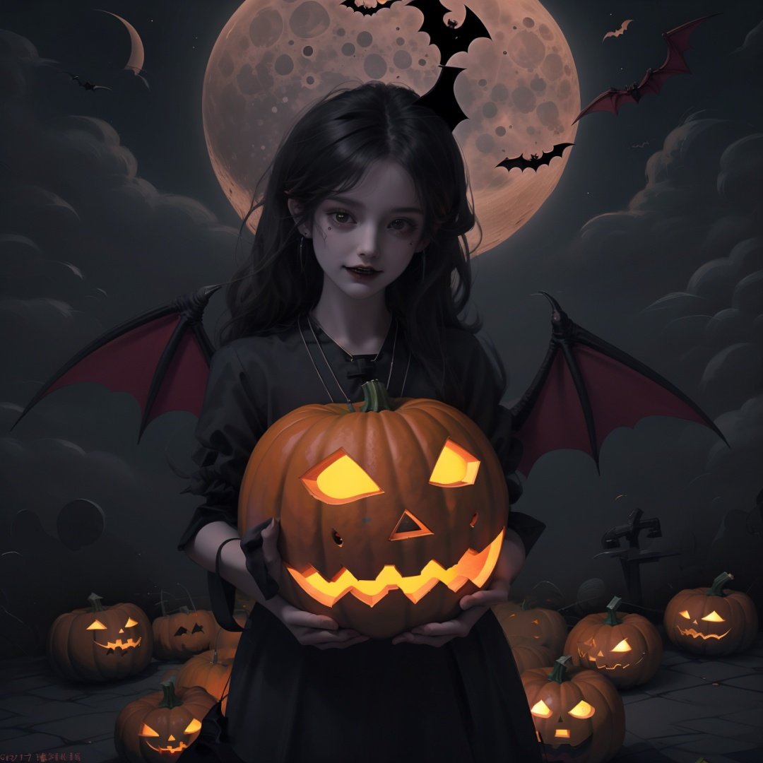  Best quality, 8k, cg,Halloween,jack-o'-lantern,bat,pumpkin,moon,1girl,demon