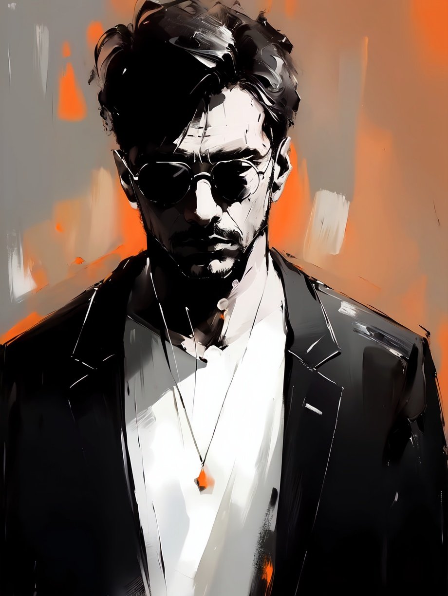 (best quality,masterpiece,fine detailed,),<lora:CJ simple painting:0.8>,black and white painting,oil_painting,simple painting,a man,black suit,handsome man,smoking,orange background,, (best quality, high quality, masterpiece,),