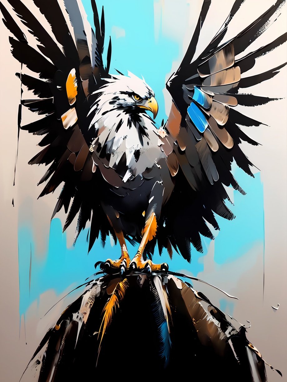 (best quality,masterpiece,fine detailed,),<lora:CJ simple painting:0.8>,black and white painting,oil_painting,simple painting,1 eagle,eagle,black golden feathers,blue background,golden eyes,the open wings,, (best quality, high quality, masterpiece,),