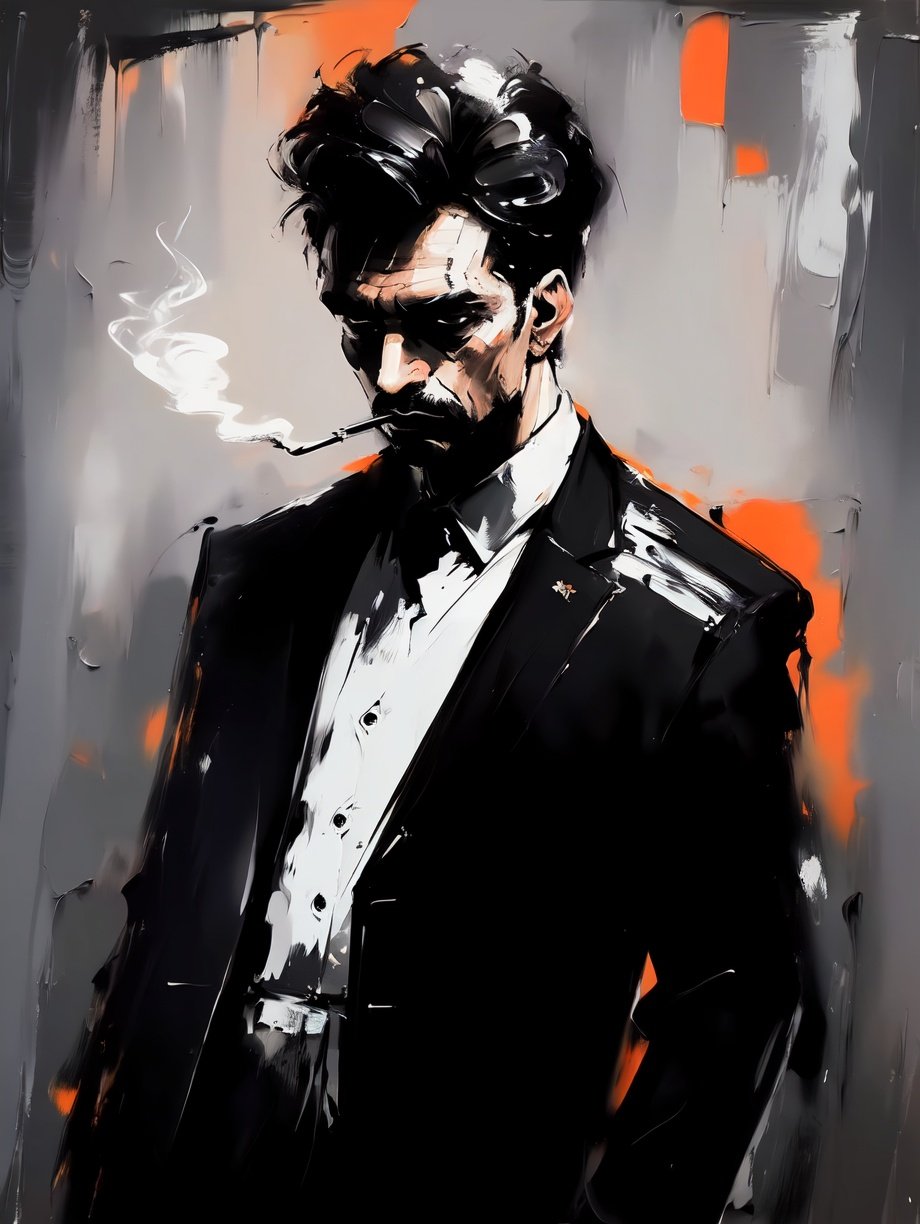 (best quality,masterpiece,fine detailed,),<lora:CJ simple painting:0.8>,black and white painting,oil_painting,simple painting,a man,black suit,handsome man,smoking,orange background,, (best quality, high quality, masterpiece,),