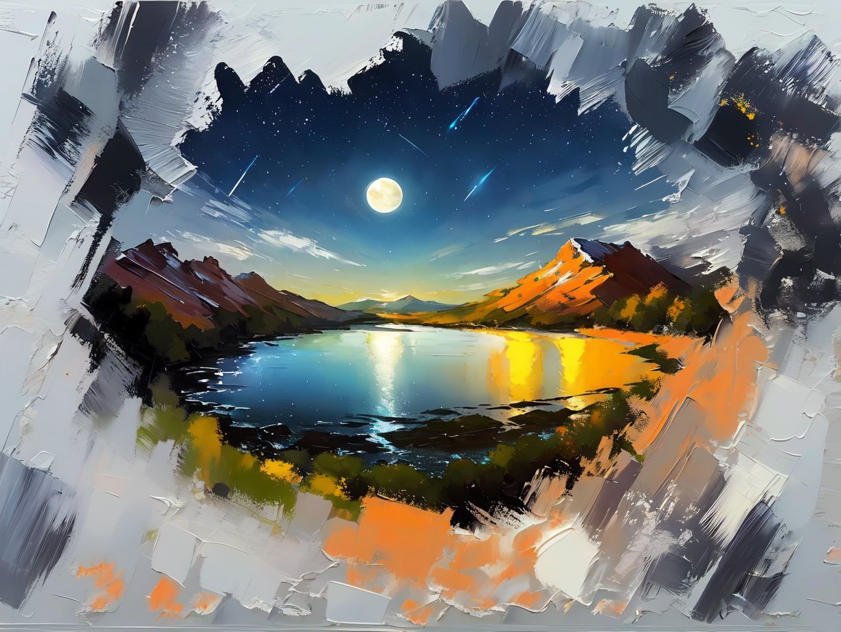 (best quality,masterpiece,fine detailed,),<lora:CJ simple painting:0.9>,beautiful starry sky,the bright moon,the yellow moon,stars,mountain,green mountain,river,the blue river,, (best quality, high quality, masterpiece,),