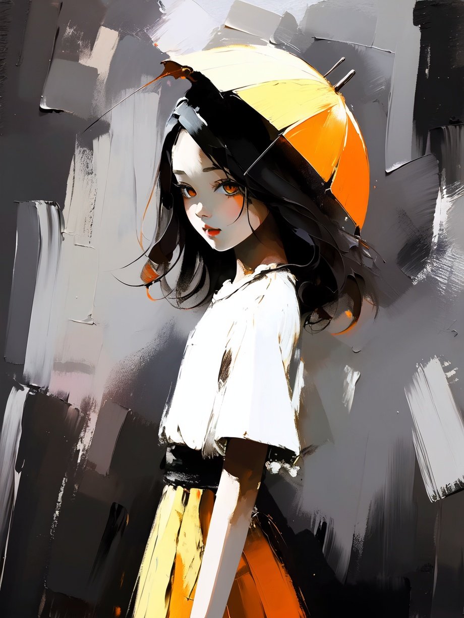 (best quality,masterpiece,fine detailed,),<lora:CJ simple painting:0.9>,1 cute girl,front,whole body,orange eyes,kawaii,rainy day,outdoor scene,oil_painting,simple,, (best quality, high quality, masterpiece,),