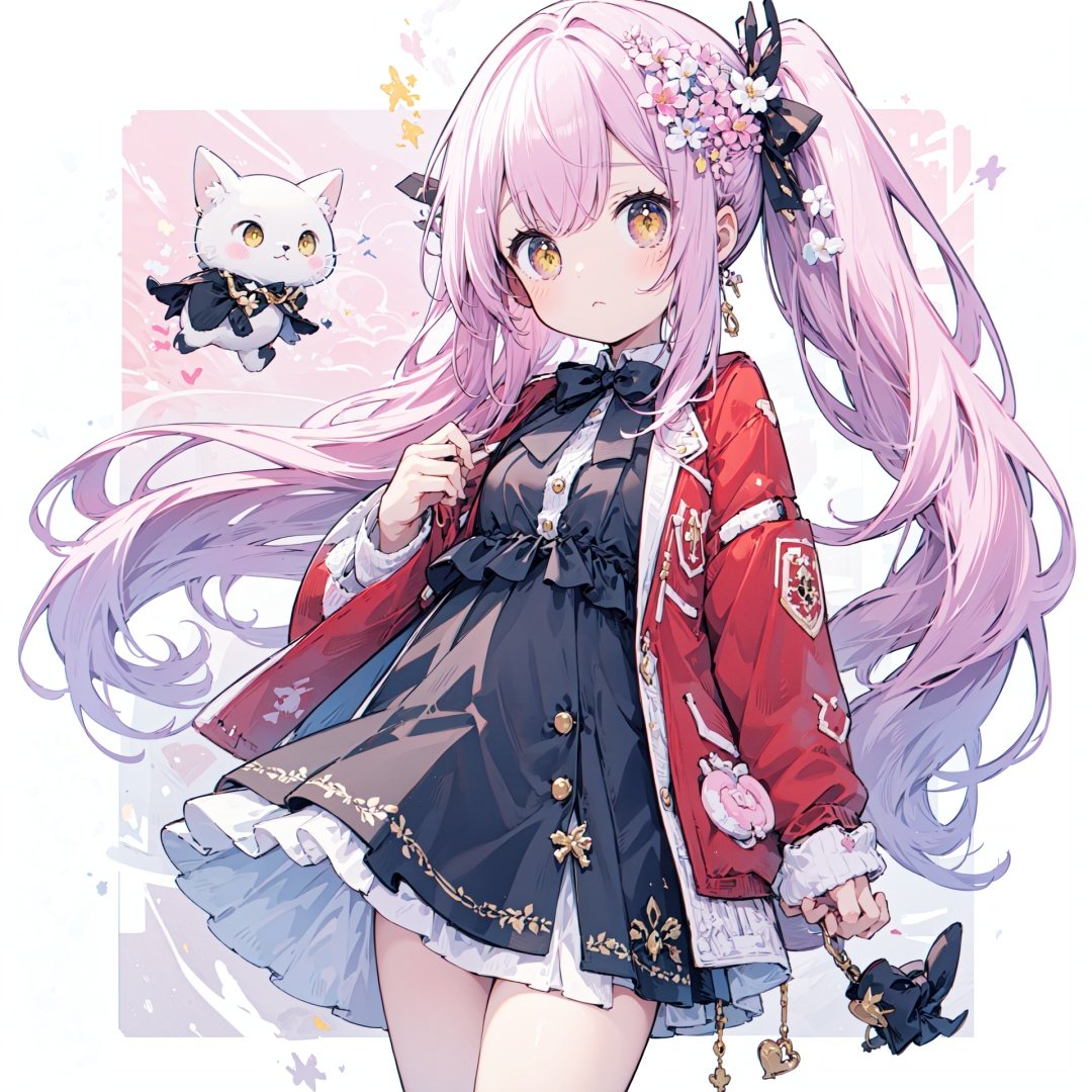  (best quality), ((masterpiece)), (highres), standing, original, extremely detailed wallpaper, (an extremely delicate and beautiful), (loli:1.2), (petite:1.2), Pink hair, Yellow eyes, (red Jacket), high ponytail, white collared shirt, hair flower, fipped hair, floating hair, Frown, black dress, red bowtie, (solo),