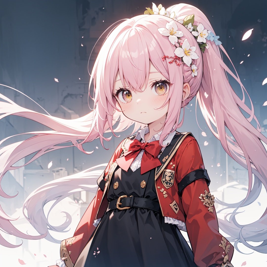  (best quality), ((masterpiece)), (highres), standing, original, extremely detailed wallpaper, (an extremely delicate and beautiful), (loli:1.2), (petite:1.2), Pink hair, Yellow eyes, (red Jacket), high ponytail, white collared shirt, hair flower, fipped hair, floating hair, Frown, black dress, red bowtie, (solo),