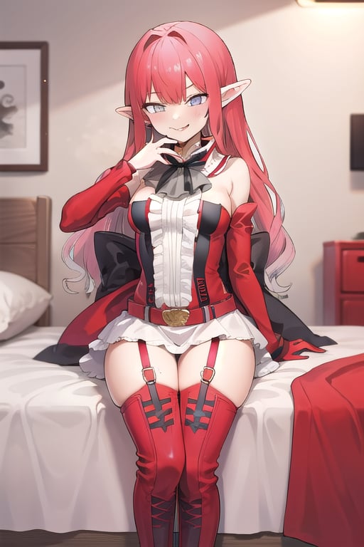 bedroom_background, high_resolution, best quality, extremely detailed, HD, 8K, 
1 girl, solo, figure_sexy, hot, smug_face, , short elf ears,Baobhan sith, RED HAIR, GREY EYES, LONG HAIR, DIAMOND CHOKER, BLACK ASCOT, DETACHED COLLAR, CENTER FRILLS, RED DRESS, RED DETACHED SLEEVES, RED BELT, WHITE SKIRT, RED THIGH BOOTS, RED THIGH STRAPS