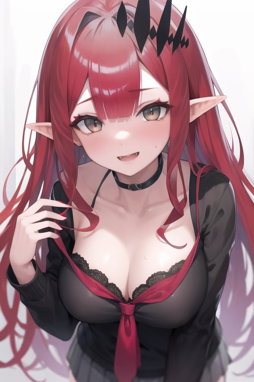 bedroom_background, high_resolution, best quality, extremely detailed, HD, 8K, 
1 girl, solo, figure_sexy, hot, 170 cm, tall_girl, big_breasts, happy face, adult, beautiful eyes, collarbone, thigh_gap, short elf ears, (grey_skin), (red_hair:2.0), long hair, tiara, school_uniform, looking_at_viewer, ,Baobhan sith